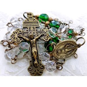 Handmade Vintage Green Clear Rosary Pardon Crucifix Italy 30"